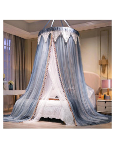 Cortina de Cama AIKASY con Dosel y Luces Estrelladas - Blanca/Azul