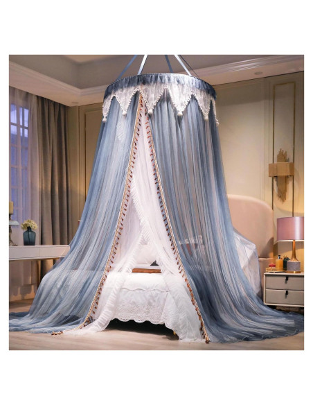 Cortina de Cama AIKASY con Dosel y Luces Estrelladas - Blanca/Azul