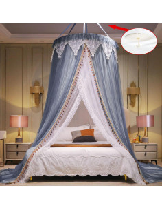 Cortina de Cama AIKASY con Dosel y Luces Estrelladas - Blanca/Azul 2