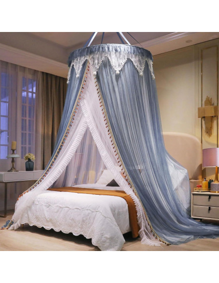 Cortina de Cama AIKASY con Dosel y Luces Estrelladas - Blanca/Azul