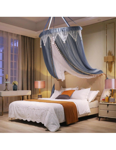 Cortina de Cama AIKASY con Dosel y Luces Estrelladas - Blanca/Azul