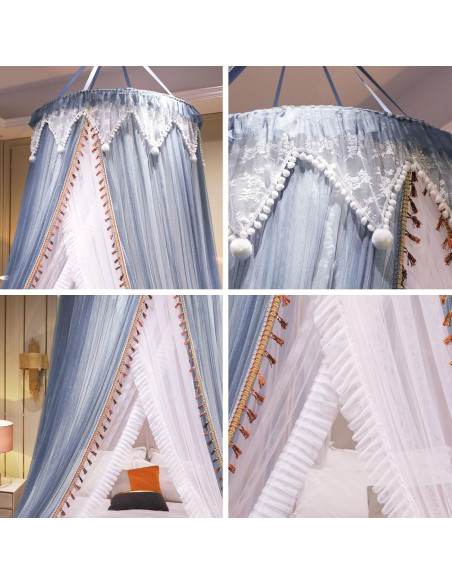 Cortina de Cama AIKASY con Dosel y Luces Estrelladas - Blanca/Azul