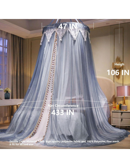 Cortina de Cama AIKASY con Dosel y Luces Estrelladas - Blanca/Azul