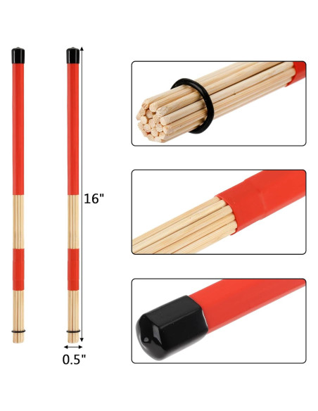 Palillos de Batería YOUEON 3 Pares 16" Bambú 5A Rojo