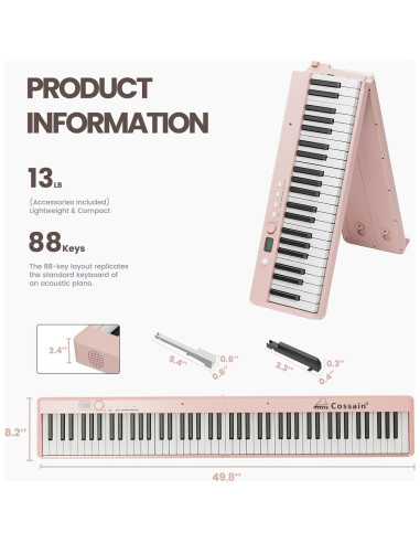 Piano Digital Plegable Cossain 88 Teclas Bluetooth Rosa
