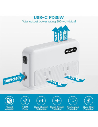 Convertidor de Voltaje BESTEK 220V a 110V con USB 3 Puertos