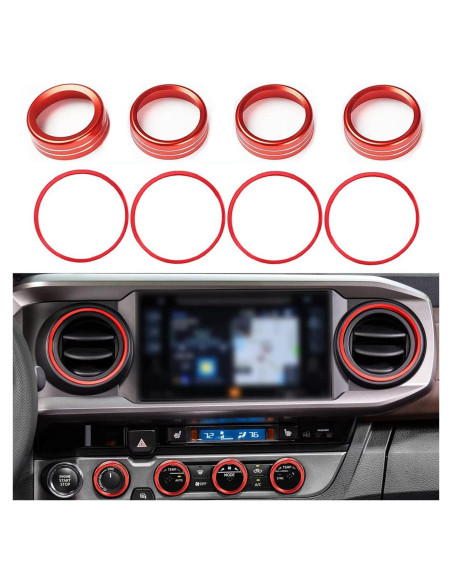 Cubiertas de Perilla de AC y Anillos de Ventilación Auovo para Toyota Tacoma 2016-2023 - 8 Piezas (Rojo)