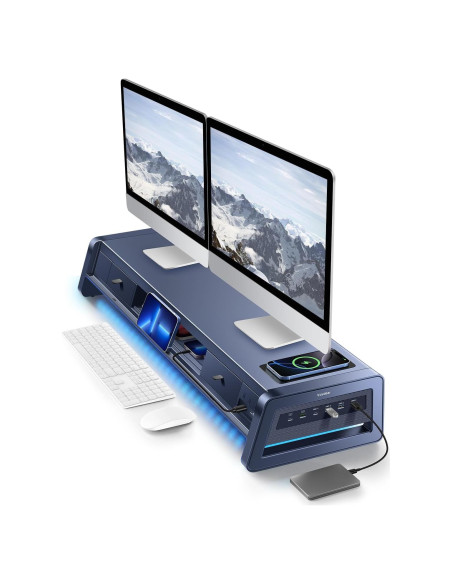 Soporte Elevador Doble Monitor Vaydeer con 8 Puertos USB y Carga Inalámbrica