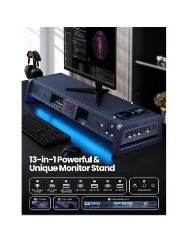 Soporte Elevador Doble Monitor Vaydeer con 8 Puertos USB y Carga Inalámbrica