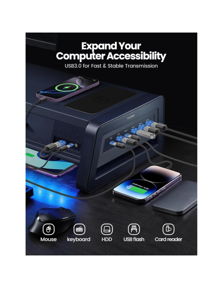 Soporte Elevador Doble Monitor Vaydeer con 8 Puertos USB y Carga Inalámbrica