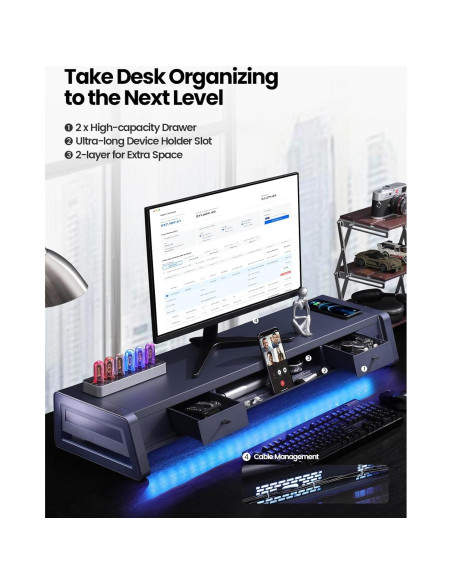 Soporte Elevador Doble Monitor Vaydeer con 8 Puertos USB y Carga Inalámbrica