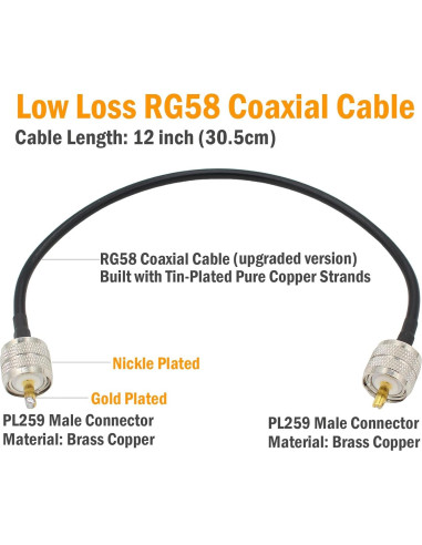 Cable Coaxial RG58 PL259 UHF Macho a Macho 30.48 cm