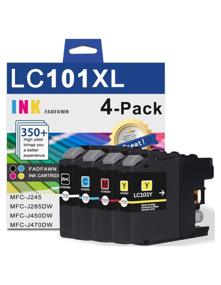 Cartuchos de tinta FADFAWN LC101XL - 4 Paquete (1 Negro, 1 Cian, 1 Magenta, 1 Amarillo)
