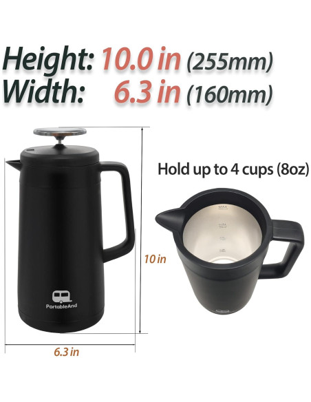 Prensa Francesa PortableAnd FP202 1007ml Acero Inoxidable Negro