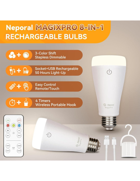 Bombilla Recargable Neporal MagixPro A19 E26 15W 1800mAh