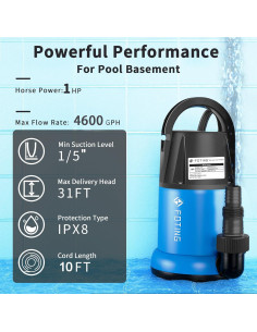 Bomba de Agua Sumergible FOTING 1HP 4600GPH para Drenaje 2