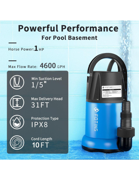 Bomba de Agua Sumergible FOTING 1HP 4600GPH para Drenaje