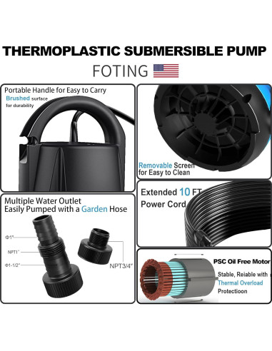 Bomba de Agua Sumergible FOTING 1HP 4600GPH para Drenaje