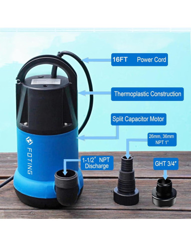 Bomba de Agua Sumergible FOTING 1HP 4600GPH para Drenaje