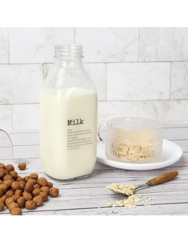 DHSBTLS 4 Botellas de Leche de Vidrio 1L con Tapas y Etiquetas