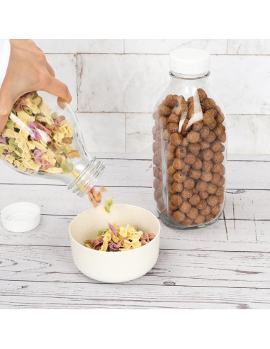 DHSBTLS 4 Botellas de Leche de Vidrio 1L con Tapas y Etiquetas