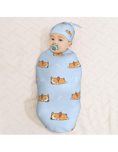 Manta Swaddle Muishi Corgi Dormilón Azul con Sombrero