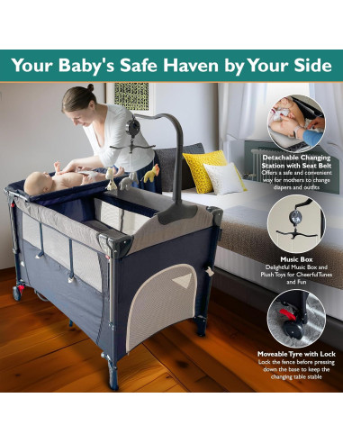 Cuna 5 en 1 Portátil Kite Baby - Cambiador, Parque Infantil, Colchón