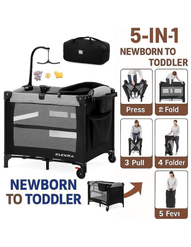 Cuna 5 en 1 Portátil Kite Baby - Cambiador, Parque Infantil, Colchón