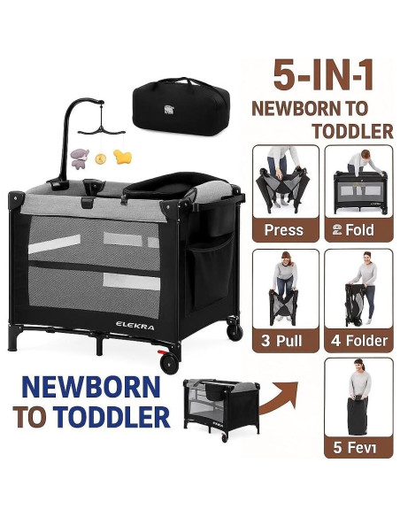 Cuna 5 en 1 Portátil Kite Baby - Cambiador, Parque Infantil, Colchón