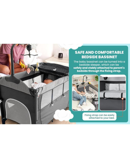 Cuna 5 en 1 Portátil Kite Baby - Cambiador, Parque Infantil, Colchón