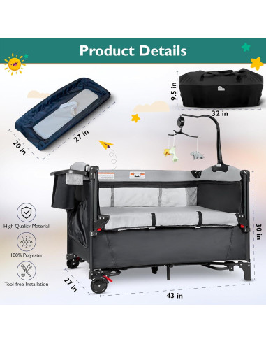 Cuna 5 en 1 Portátil Kite Baby - Cambiador, Parque Infantil, Colchón