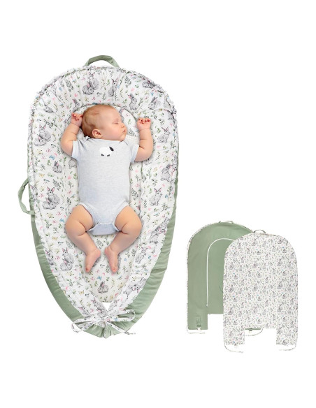 Funda Reversible para Lounger de Bebé Algodón Conejo Verde