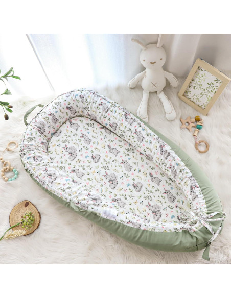 Funda Reversible para Lounger de Bebé Algodón Conejo Verde