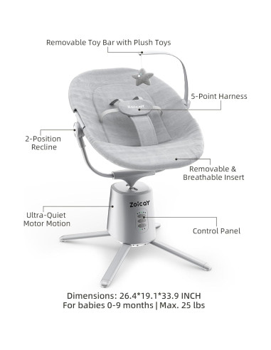 Columpio Eléctrico para Bebés Zoicay Gris con 3 Modos y 5 Velocidades