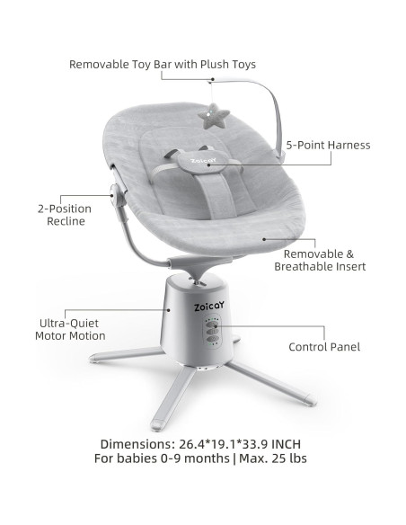 Columpio Eléctrico para Bebés Zoicay Gris con 3 Modos y 5 Velocidades