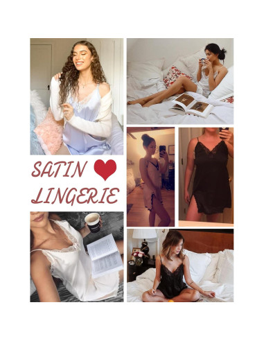 Camisón de Satén Ekouaer Babydoll Negro Lencería Mujer