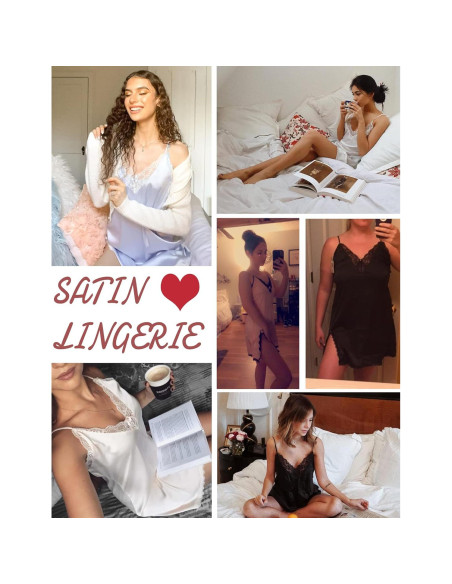 Camisón de Satén Ekouaer Babydoll Negro Lencería Mujer