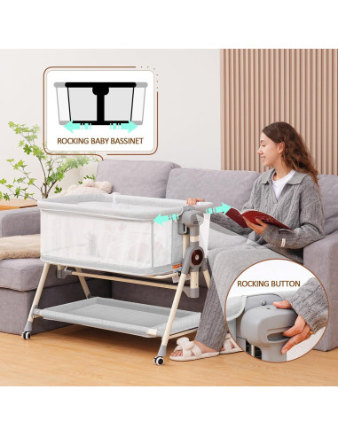 Cuna Mecedora Hichangto 3 en 1 Ajustable 6 Alturas Gris Claro