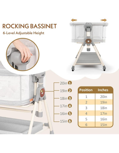 Cuna Mecedora Hichangto 3 en 1 Ajustable 6 Alturas Gris Claro