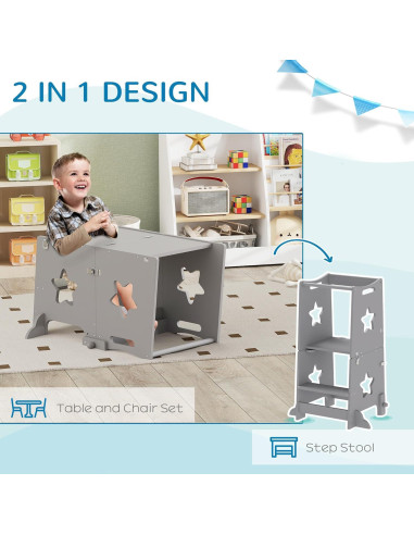 Taburete para Niños Qaba 2 en 1 con Barandilla Seguridad Gris