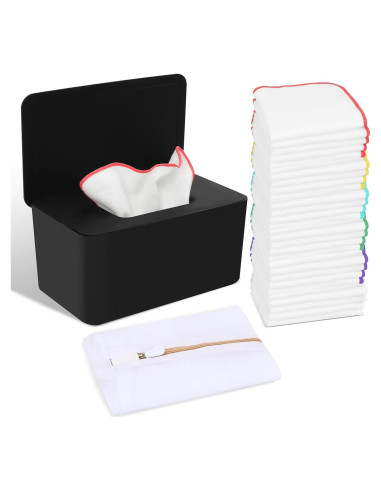 54 Toallitas de Tela Reutilizables para Bebés con Dispensador Negro