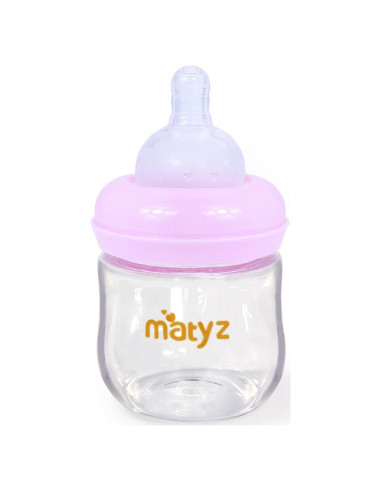 Botella de Vidrio Matyz 120ml Rosa para Bebés - Cuello Ancho