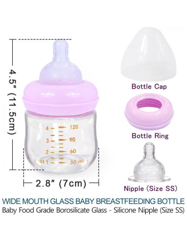 Botella de Vidrio Matyz 120ml Rosa para Bebés - Cuello Ancho