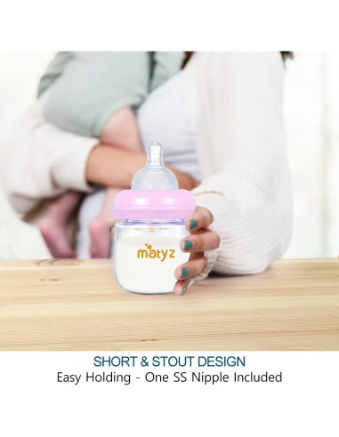 Botella de Vidrio Matyz 120ml Rosa para Bebés - Cuello Ancho