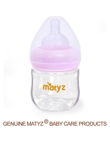 Botella de Vidrio Matyz 120ml Rosa para Bebés - Cuello Ancho