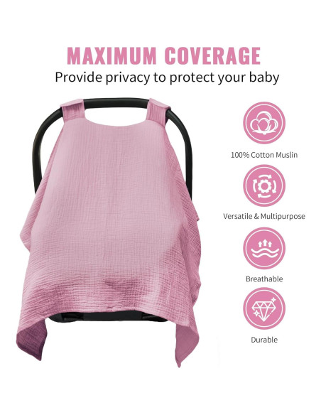 Cubierta de Asiento de Coche Metplus Rosa Pálido - Muselina 100% Algodón, Ligera y Transpirable