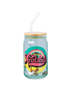 Vaso de cristal Silver Buffalo Los Aristogatos 473ml con tapa y popote