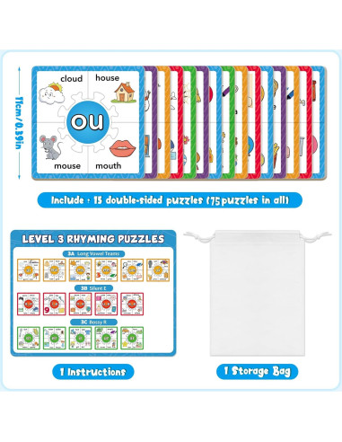Juegos de Rompecabezas de Fonética Edulok - 15 Tarjetas para Niños