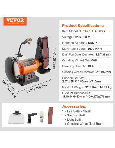 Esmeril de Banco VEVOR 8" y Lijadora de Banda 2" x 28"