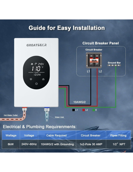 Calentador de Agua Eléctrico Sin Tanque GREATBEAR 6KW 240V